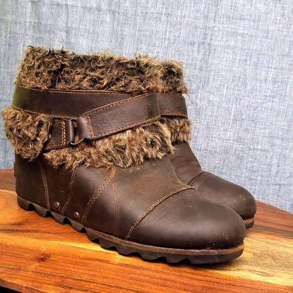 SOREL Joan Of Arctic Wedge Ankle Boots Faux Fur Trim NL1984-010 Brown Size 8.5 - Picture 2 of 12